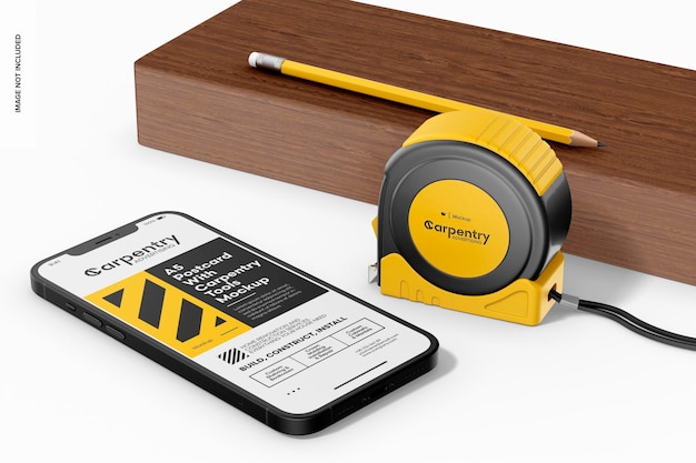 Maquete de smartphone e ferramentas de carpintaria, perspectiva