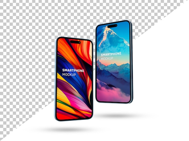 PSD maquete de smartphone iphone 14 pro max para marca de interface do usuário de aplicativos e sites. 2 telefones em vista frontal.