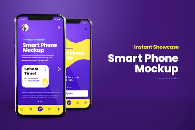 PSD maquete de smartphone premium de dois telefones em fundo roxo