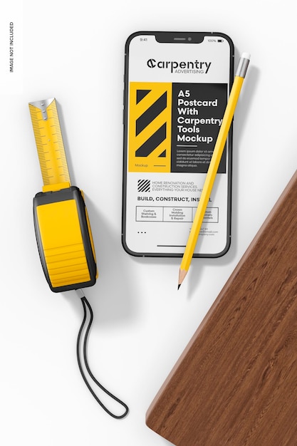 Maquete de smartphones e ferramentas de carpintaria
