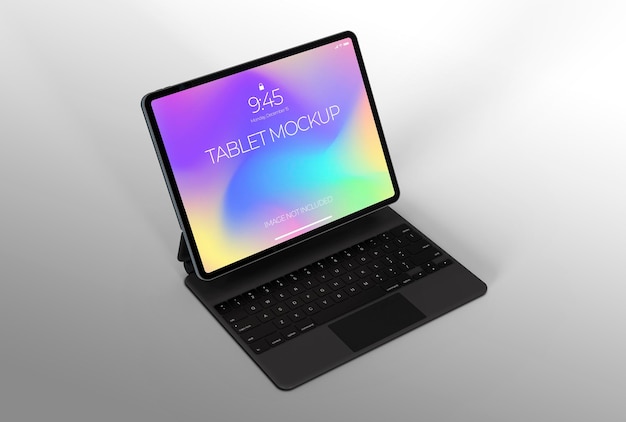 Maquete de tablet 3D realista com modelo de teclado para apresentações digitais e de marca