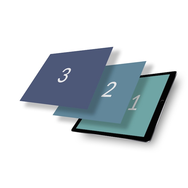 PSD maquete de tablet isométrica de tela tripla de perspectiva