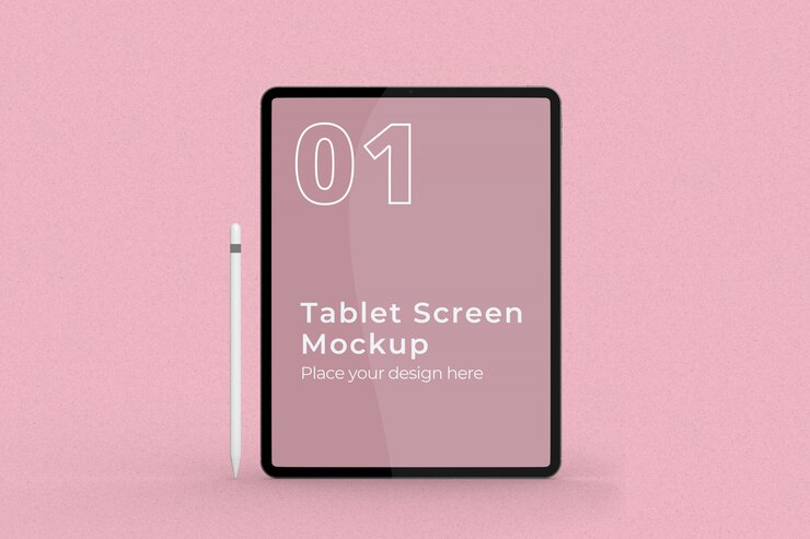 Maquete de tela do Tablet em pé com vista frontal do lápis