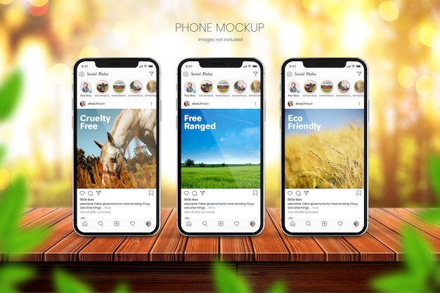 Maquete de telefone do instagram de três telefones na mesa de madeira com fundo de natureza brilhante