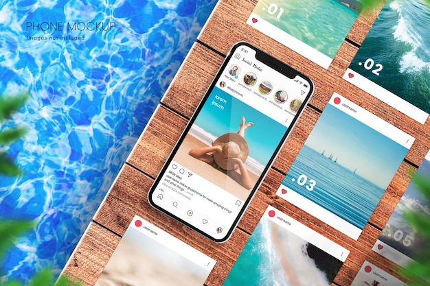 Maquete de telefone instagram realista na superfície de madeira e piscina