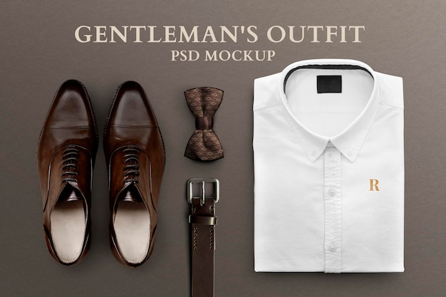 PSD maquete de traje formal masculino psd cinto de camisa dobrado e sapatos de couro