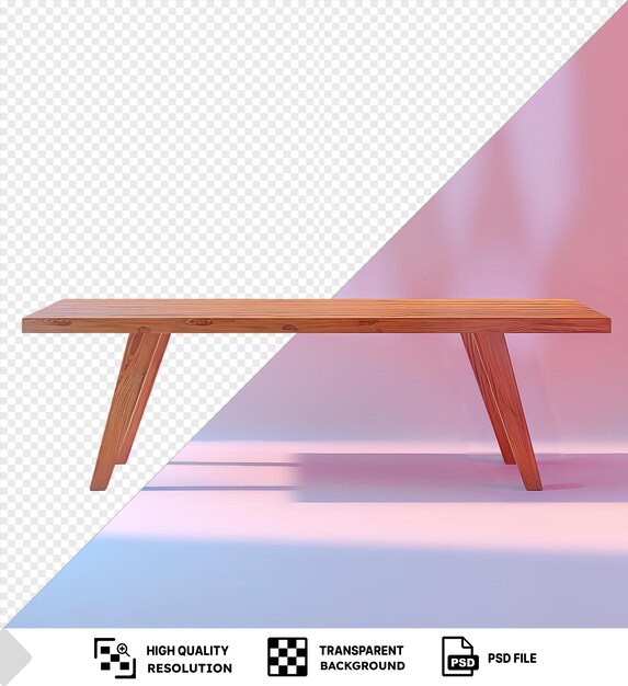 PSD maquete de uma mesa de madeira castanha clara com pernas de metal e madeira colocadas contra uma parede rosa lançando uma sombra branca png psd