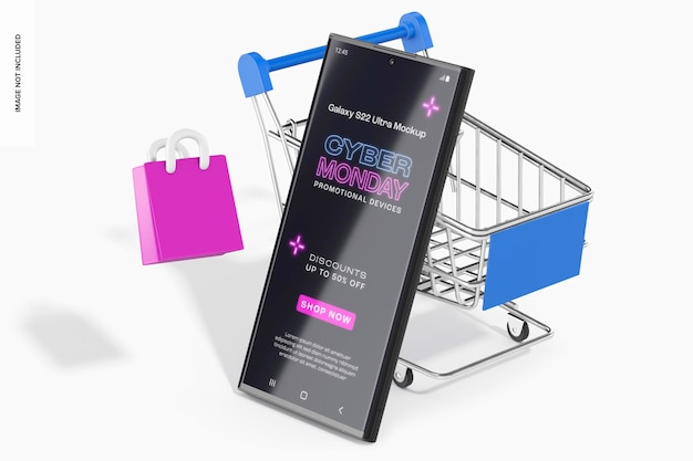 Maquete do Cyber Monday Galaxy S22 Ultra, inclinada