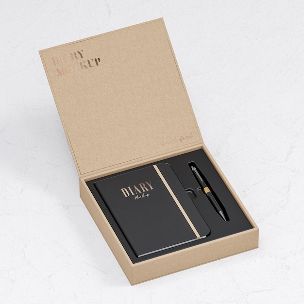 Maquete do diário de couro preto em caixa de papelão bege para logotipo e apresentação da marca 3d render