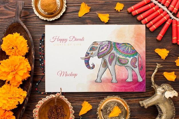 PSD maquete do feliz festival de diwali com elefante na vista superior