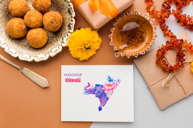 PSD maquete do feliz festival de diwali na mesa em cima