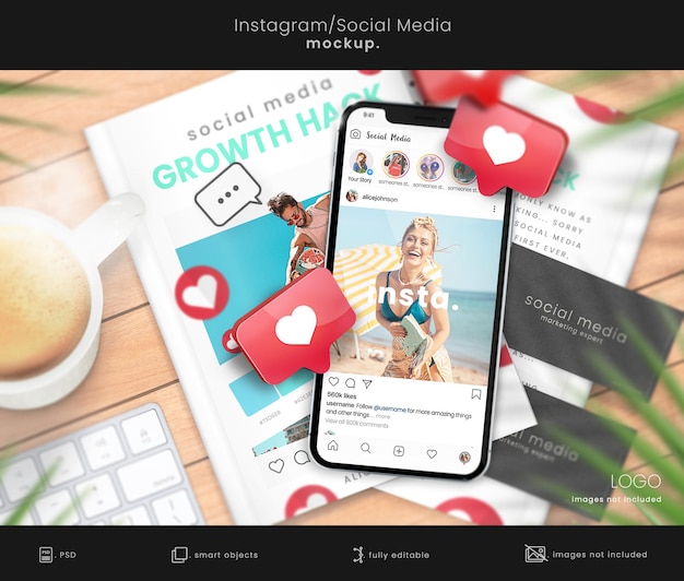 Maquete do Instagram com maquete de telefone e maquete de capa de livro
