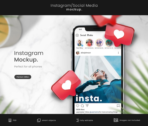 Maquete do instagram em maquete de telefone com corações 3d