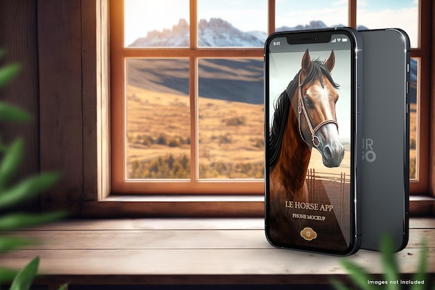PSD maquete do iphone 14 do país de dois telefones em fundo de fazenda rústica brilhante