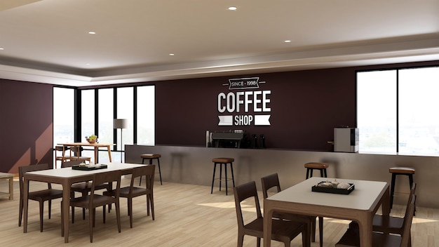 Maquete do logotipo 3D em um café ou restaurante com design de interiores moderno