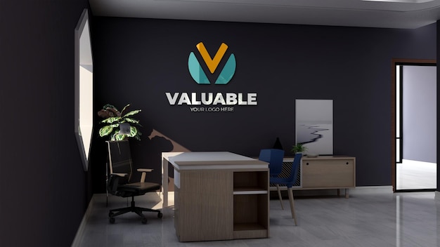 Maquete do logotipo da empresa no design de interiores minimalista da sala do gerente de escritório