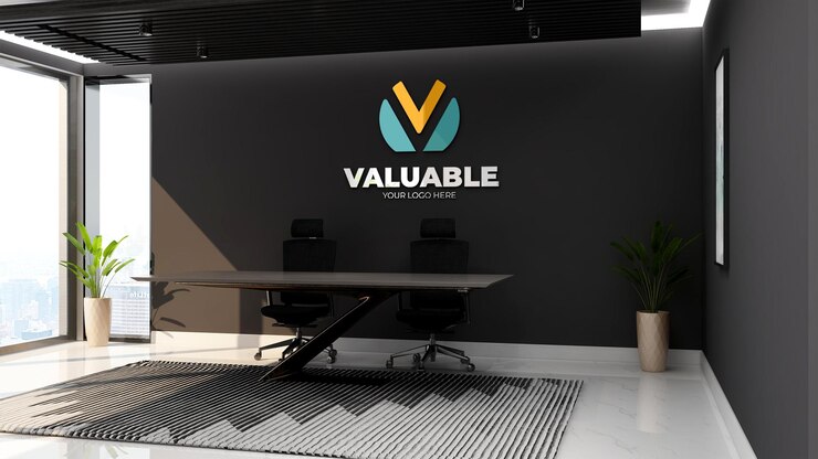 maquete do logotipo da parede na recepção do escritório ou na sala de recepção