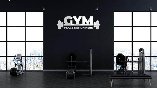 maquete do logotipo de fitness na sala de fitness interior com equipamento de exercício