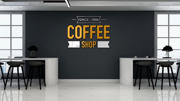 Maquete do logotipo do café bar em uma cafeteria com um design moderno no interior