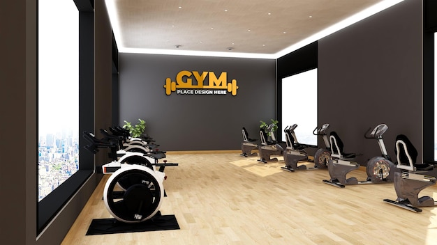 Maquete do logotipo do ginásio na moderna sala de fitness ou ginásio