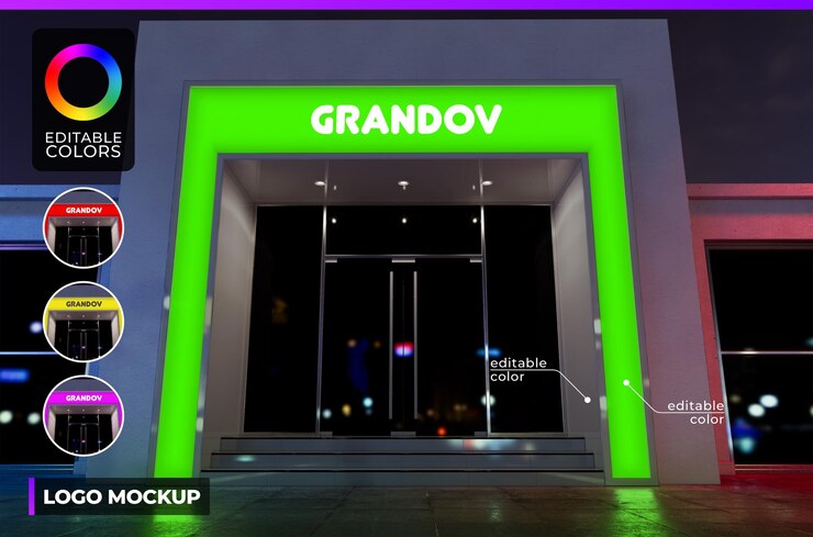 PSD maquete do logotipo na fachada de um edifício moderno ou escritório com renderização iluminada de acrílico