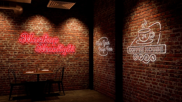 Maquete do logotipo neon na parede de tijolos