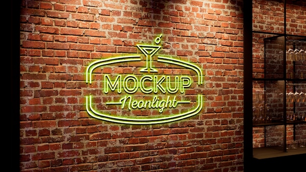 Maquete do logotipo neon na parede de tijolos