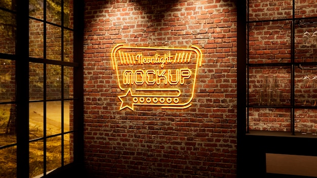 PSD maquete do logotipo neon na parede de tijolos