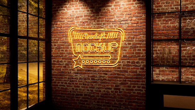 Maquete do logotipo neon na parede de tijolos