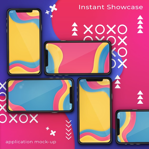 Maquete do psd de cinco smartphone em um colorido abstrato