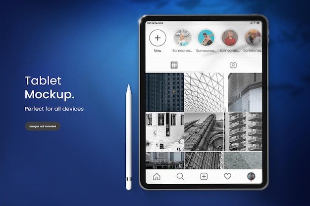 Maquete do tablet pro para instagram em fundo azul escuro