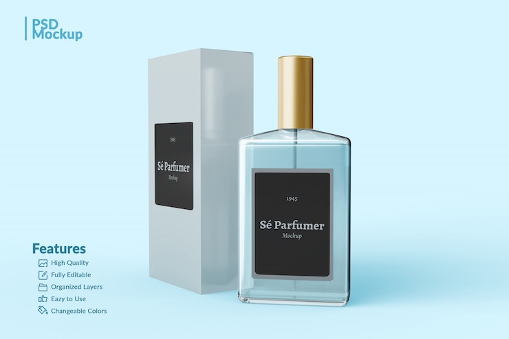 PSD maquete editável de frasco e caixa de perfume de marca
