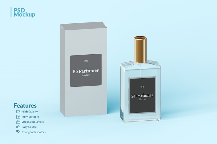 PSD maquete editável de frasco e caixa de perfume de marca