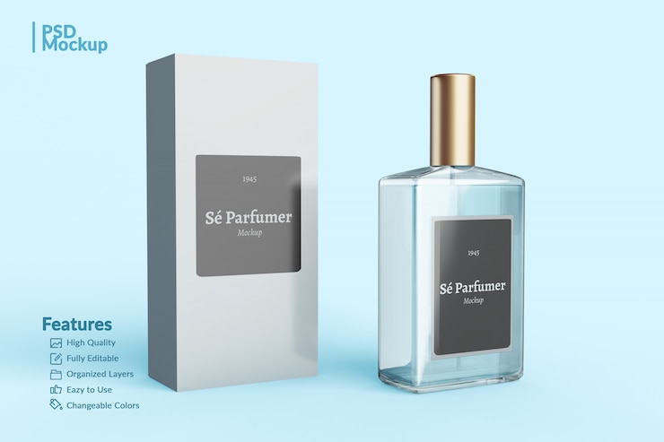 PSD maquete editável de frasco e caixa de perfume de marca