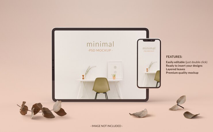 Maquete elegante de tablet e telefone com plantas