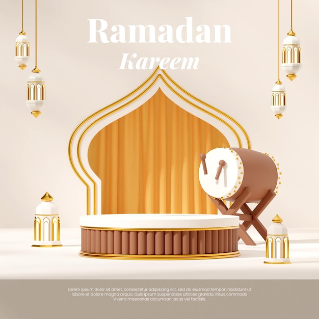 maquete em branco de renderização 3D pódio marrom ouro branco em cama quadrada e lâmpada árabe ramadan kareem