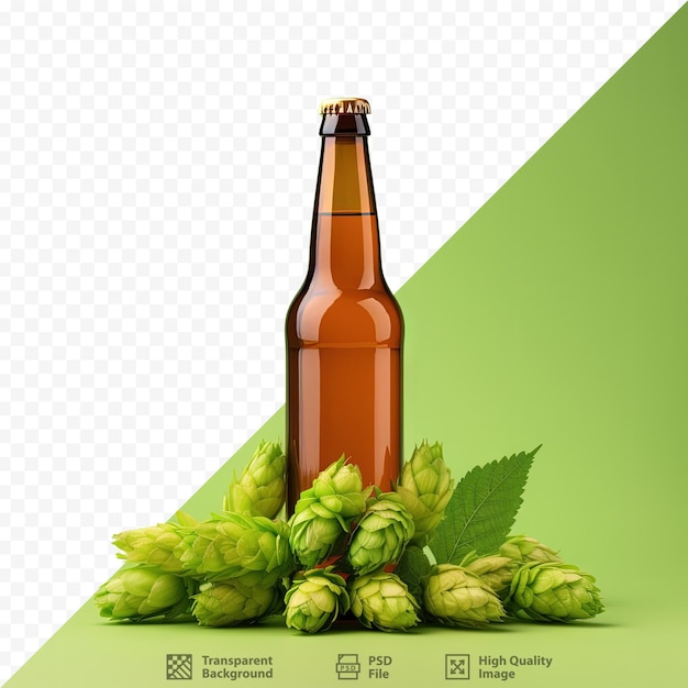 PSD maquete realista de garrafa verde de cerveja entre cones de lúpulo isolados em um fundo pastel