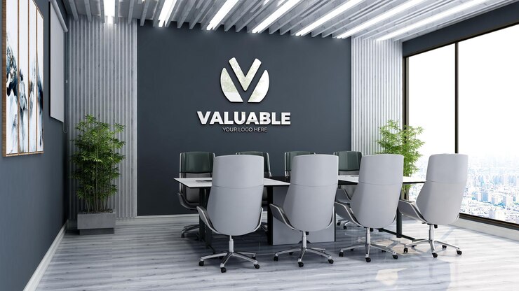 maquete realista do logotipo da empresa na sala de reuniões do escritório