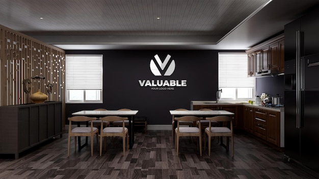 Maquete realista do logotipo da parede 3d na despensa do escritório ou sala de cozinha com design minimalista de madeira no interior