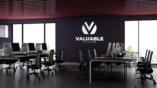 PSD maquete realista do logotipo da parede 3d no espaço de trabalho do escritório