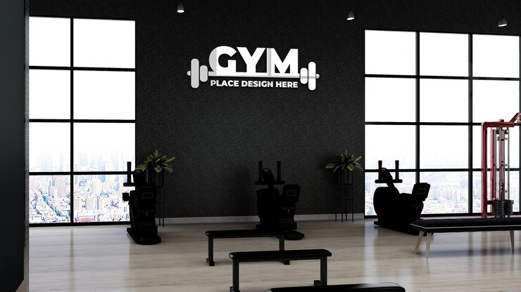 Maquete realista do logotipo do ginásio prateado na área do ginásio para a sala de treinamento do atleta