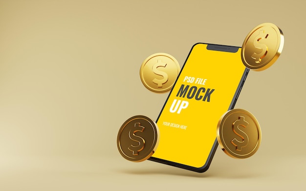 Maquete smartphone com moedas de dólar de ouro flutuantes