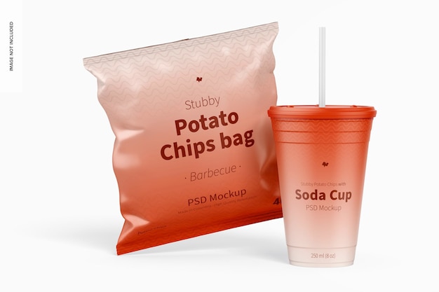 PSD maquete stubby chips bag com soda