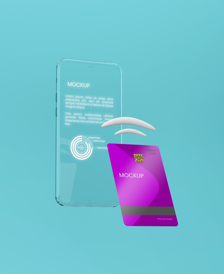 PSD maquete transparente de telefone e cartão