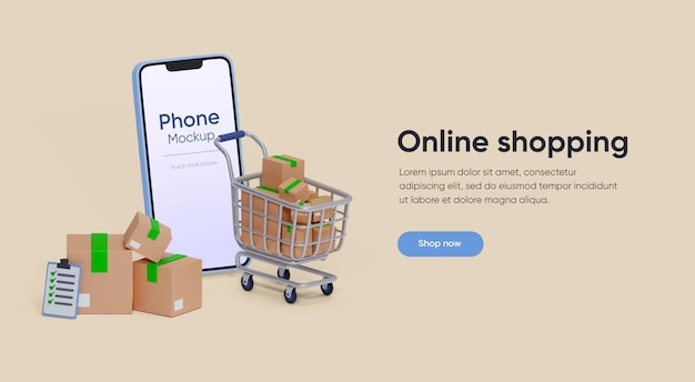 PSD maquette d'achats en ligne sur téléphone mobile avec panier et liste de boîtes 3d