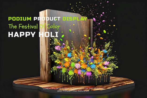PSD maquette d'affichage de scène de podium holi coloré pour la présentation du produit, scène au néon pour l'affichage du produit