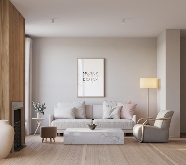 maquette d'affiche dans une belle salle de séjour scandinave moderne arrière-plan rendu 3D