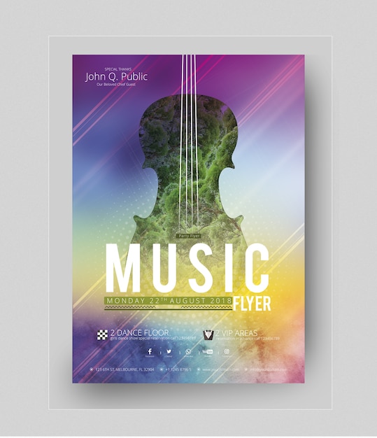 PSD maquette d'affiche de fête colorée avec guitare