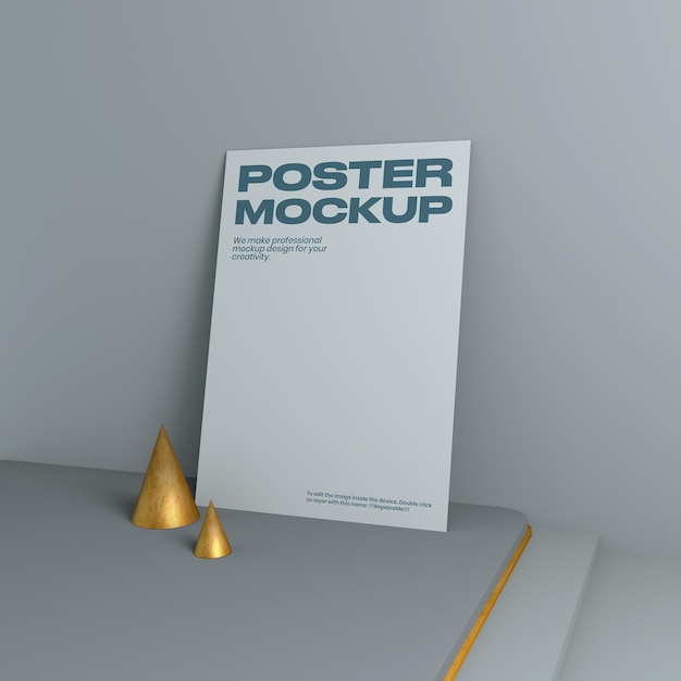 Une maquette d'affiche se trouve sur une étagère dans une pièce.