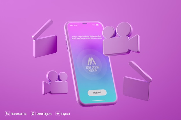 PSD maquette d'application mobile vidéo isolée sur fond fuchsia